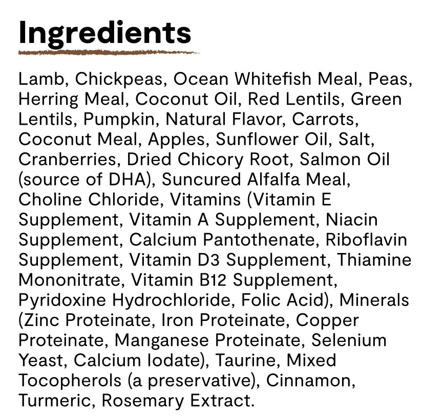Ingredients list for Open Farm Grain Free Pasture-Raised Lamb Dry Dog Food.