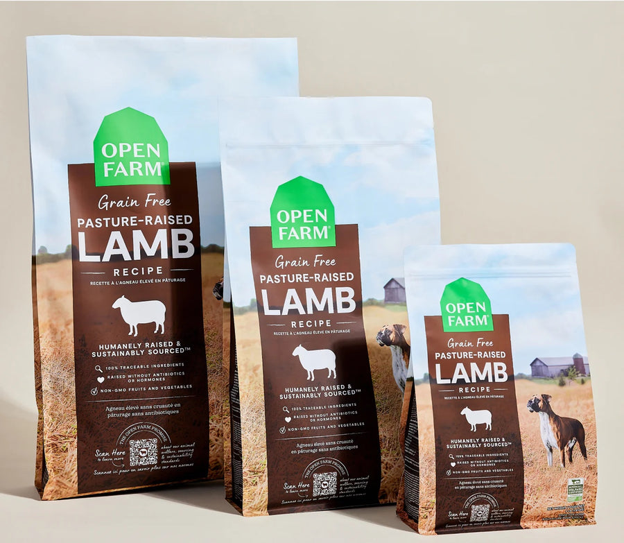 Open Farm Grain Free Pasture-Raised Lamb Dry Dog Food different sizes.