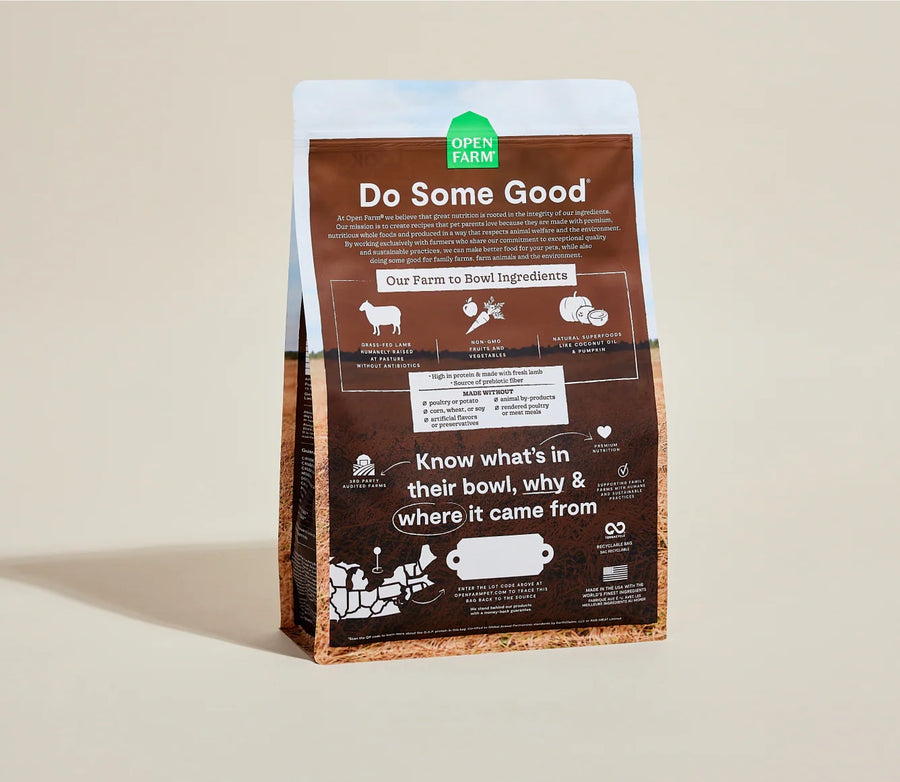 Open Farm Grain Free Pasture-Raised Lamb Dry Dog Food back of bag.