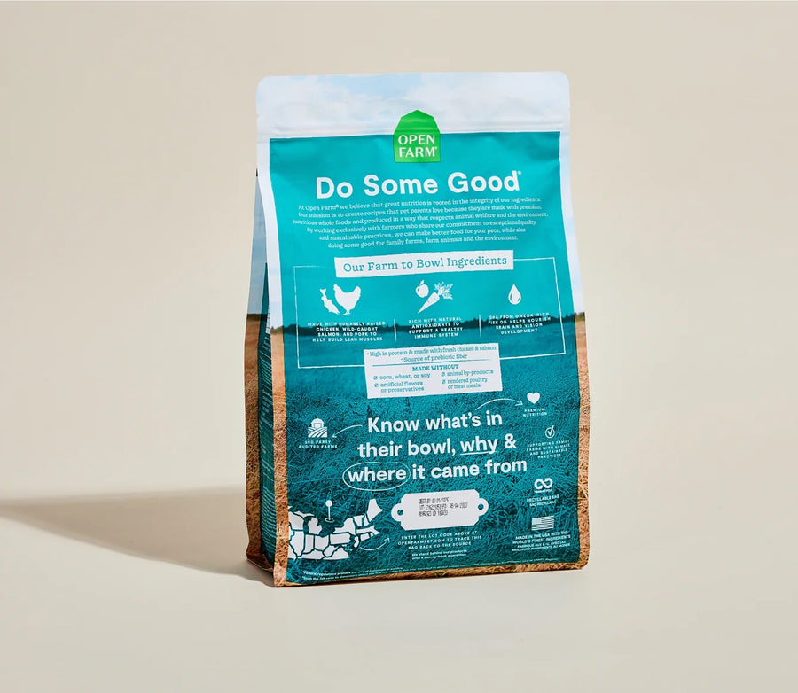 Open Farm Grain Free Puppy Dry Dog Food back of bag.