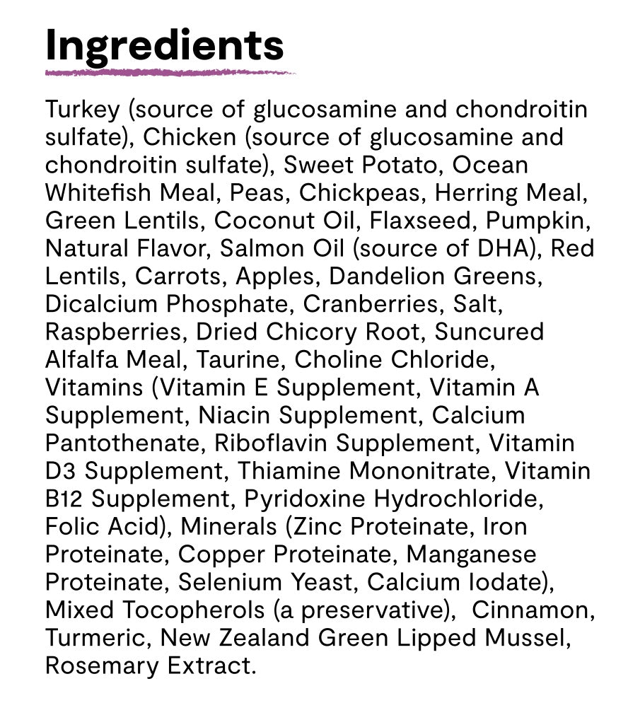 Ingredients list for Open Farm Grain Free Senior Dry Dog Food.