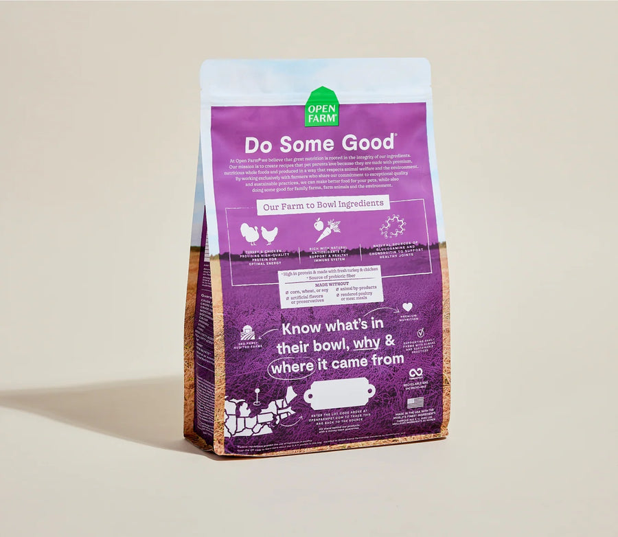 Open Farm Grain Free Senior Dry Dog Food back of bag.