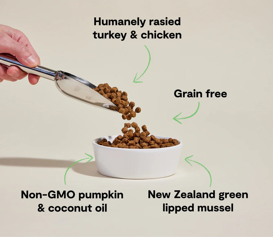 *Humanely raised turkey & chicken
*Grain free
*New Zealand green lipped mussel
*Non-GMO pumpkin & coconut oil