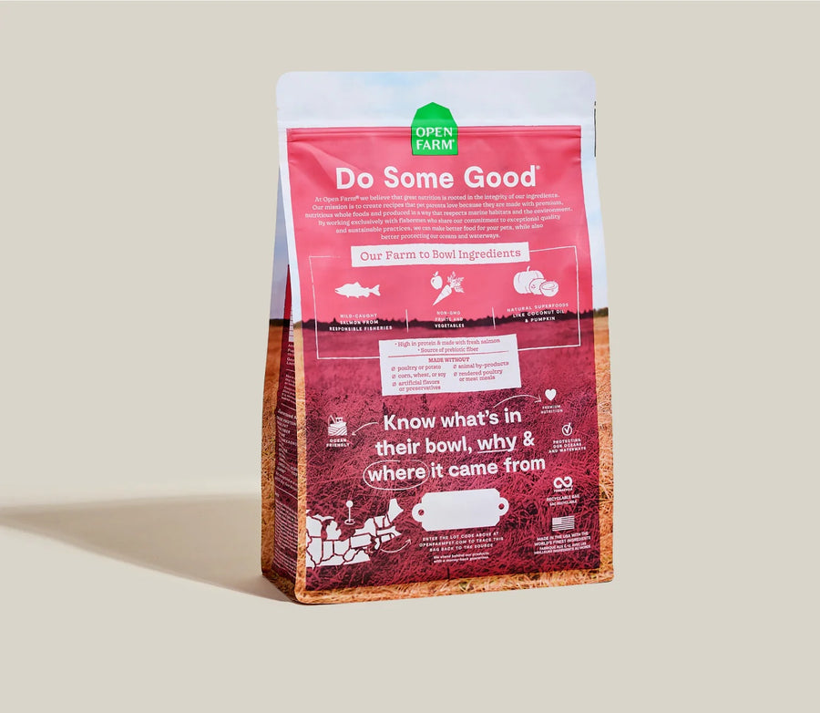 Open Farm Grain Free Wild Caught Salmon Dry Dog Food back of bag.