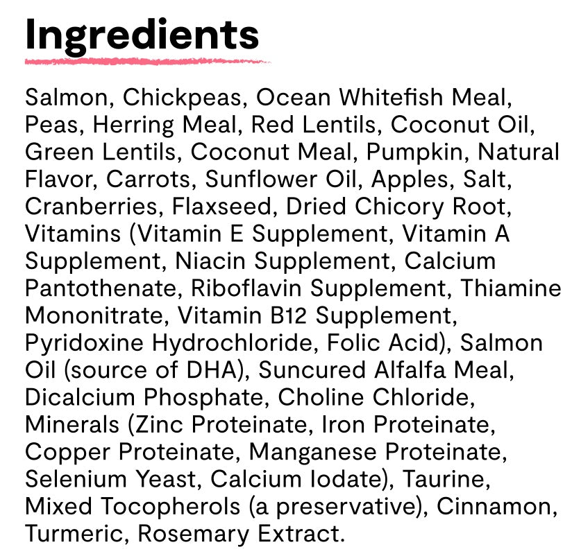 Ingredients list for Open Farm Grain Free Wild Caught Salmon Dry Dog Food.
