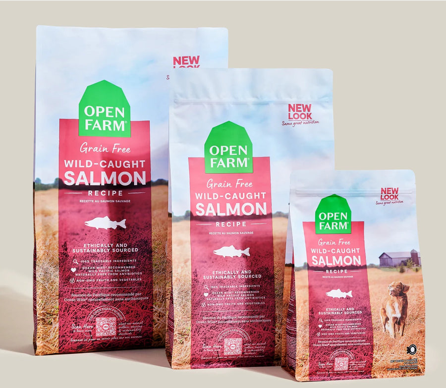 Open Farm Grain Free Wild Caught Salmon Dry Dog Food different sizes.