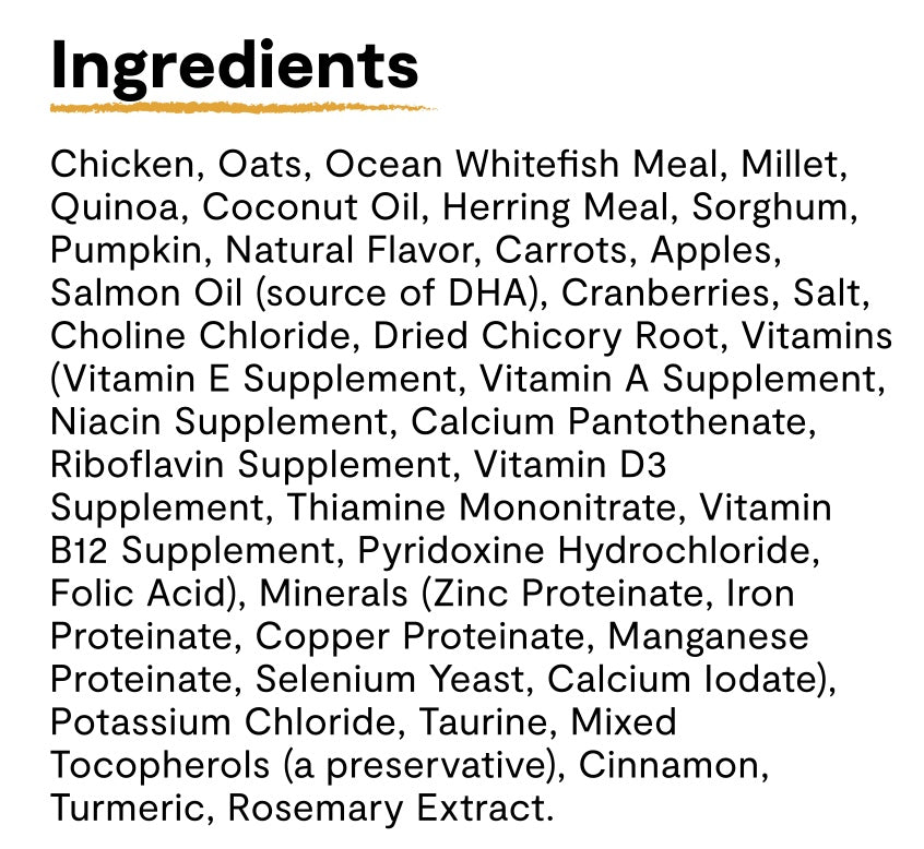 Ingredients list for Open Farm Harvest Chicken & Ancient Grains Dry Dog Food.