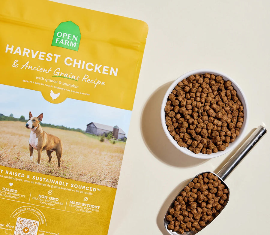 Open Farm Harvest Chicken & Ancient Grains Dry Dog Food Serving.