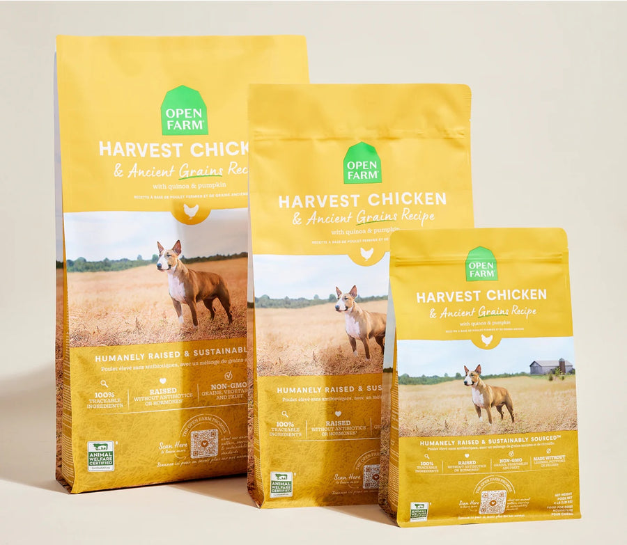 Open Farm Harvest Chicken & Ancient Grains Dry Dog Food different sizes.