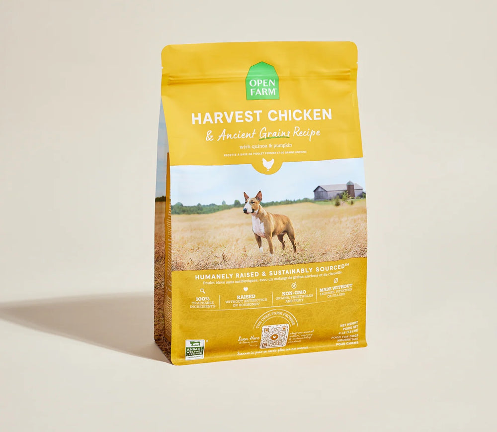 Open Farm Harvest Chicken & Ancient Grains Dry Dog Food front of bag.