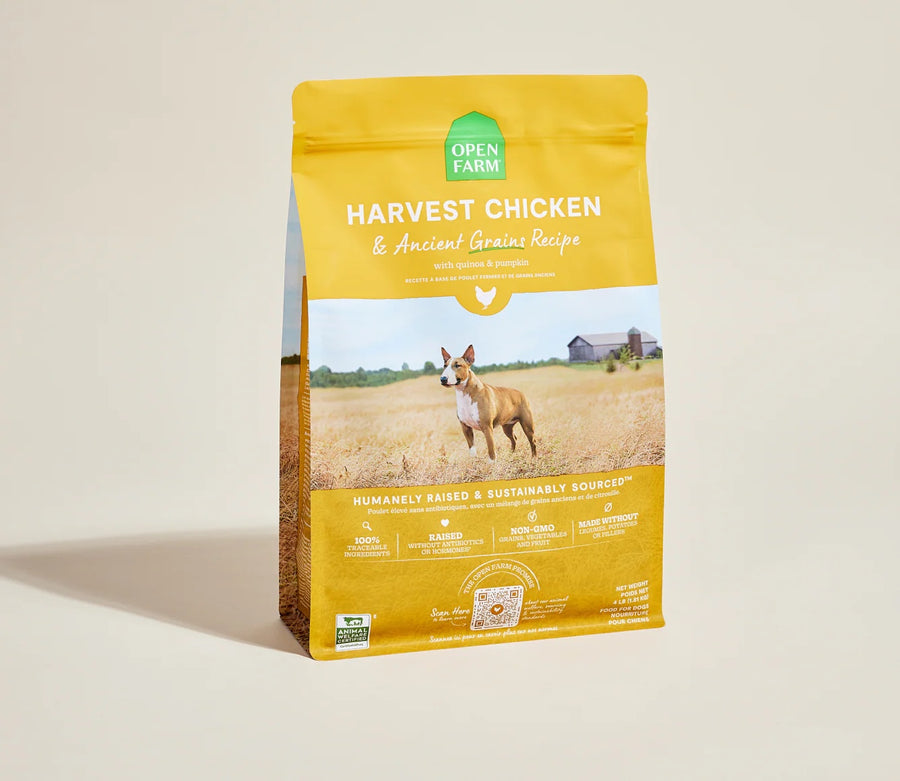 Open Farm Harvest Chicken & Ancient Grains Dry Dog Food front of bag.