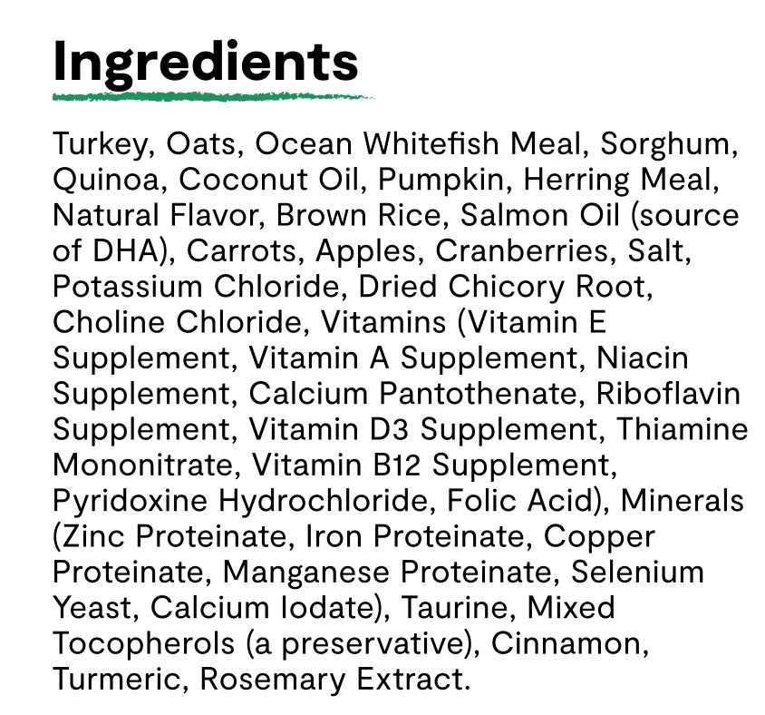 Ingredients list for Open Farm Homestead Turkey & Ancient Grains Dry Dog Food.
