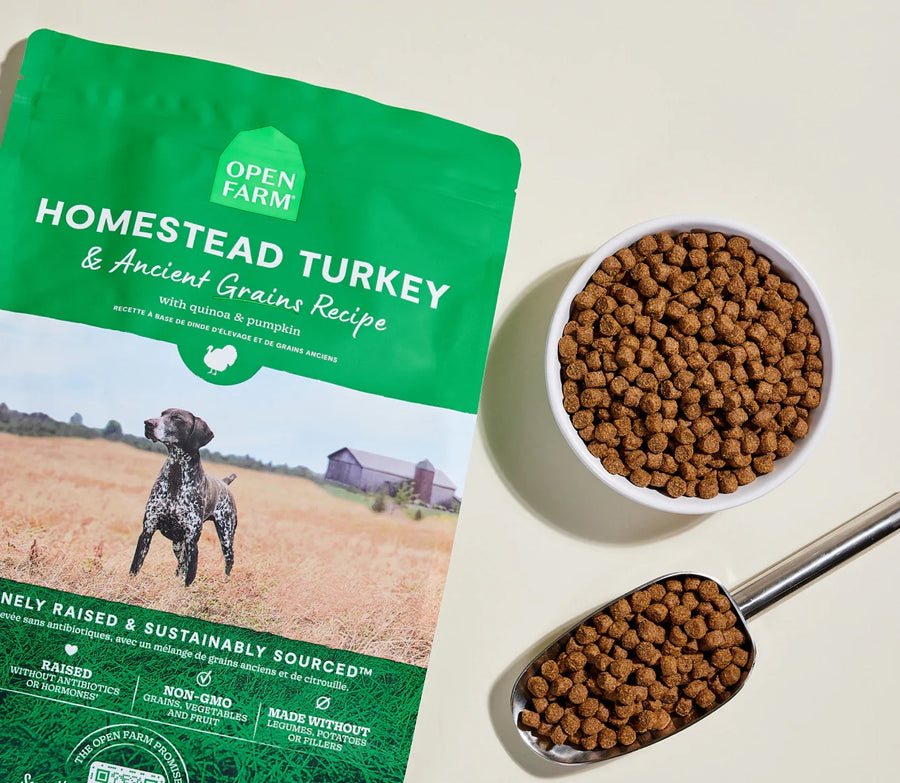 Open Farm Homestead Turkey & Ancient Grains Dry Dog Food Serving.