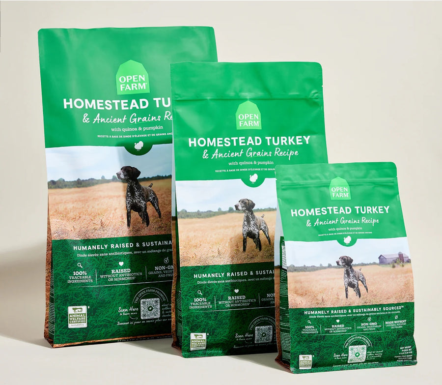 Open Farm Homestead Turkey & Ancient Grains Dry Dog Food different sizes.
