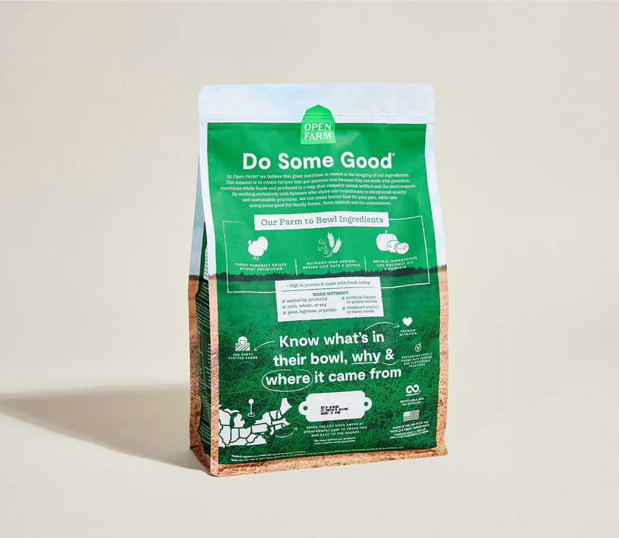Open Farm Homestead Turkey & Ancient Grains Dry Dog Food back of bag.