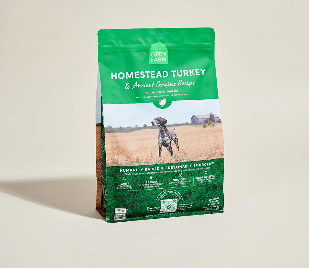 Open Farm Homestead Turkey & Ancient Grains Dry Dog Food front of bag.