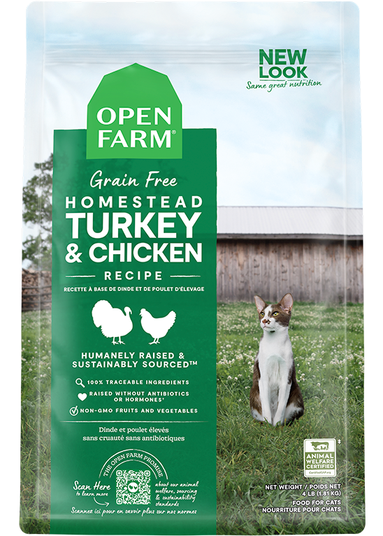 Open Farm Homestead Turkey & Chicken Grain Free Dry Cat Food 4lb, Front of bag