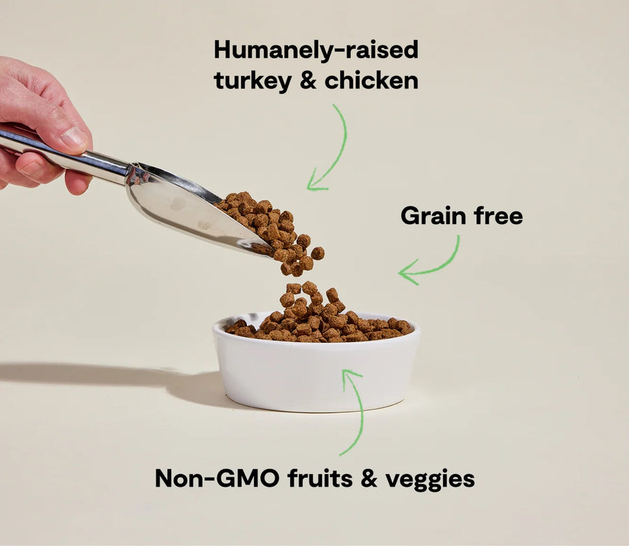 *Humanely-raised turkey & chicken
*Grain free
*Non-GMO fruits & veggies