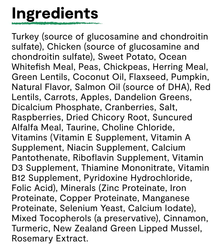 Ingredients list for Open Farm Homestead Turkey and Chicken Grain Free Dry Dog Food.