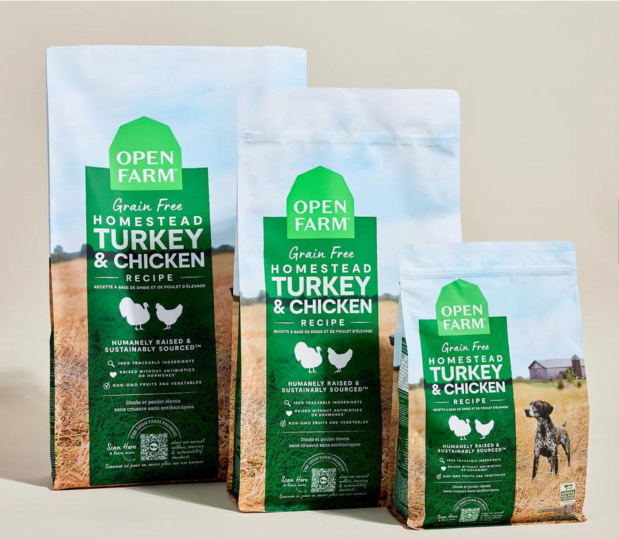 Open Farm Homestead Turkey and Chicken Grain Free Dry Dog Food different sizes.