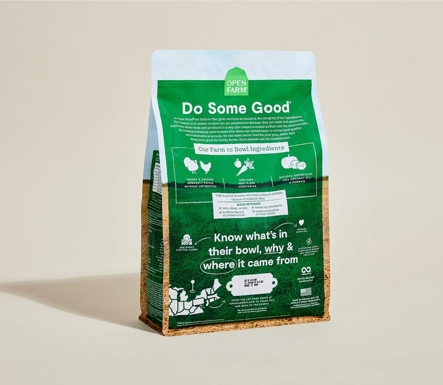 Open Farm Homestead Turkey and Chicken Grain Free Dry Dog Food back of bag.