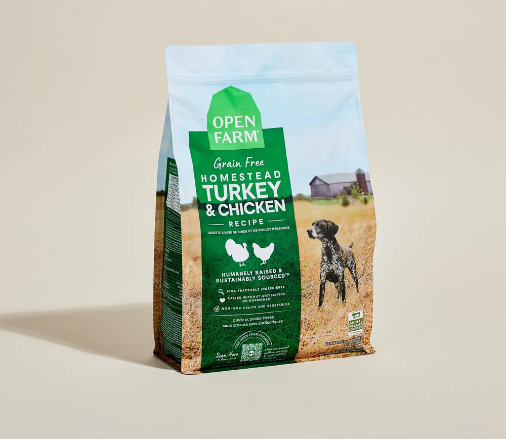 Open Farm Homestead Turkey and Chicken Grain Free Dry Dog Food front of bag.