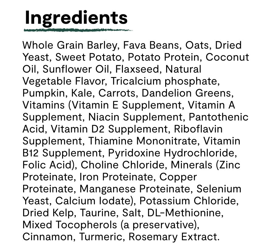 Ingredients list for Open Farm Kind Earth Premium Plant Kibble Recipe For Dogs.