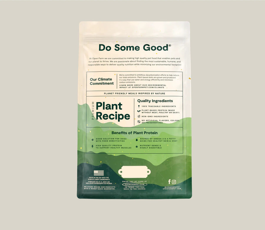 Open Farm Kind Earth Premium Plant Kibble Recipe For Dogs back of bag.