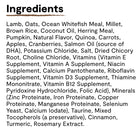 Ingredients list for Open Farm Pasture-Raised Lamb & Ancient Grains Dry Dog Food.