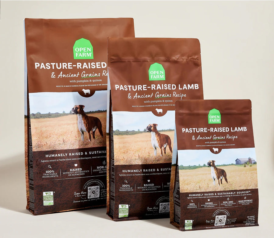 Open Farm Pasture-Raised Lamb & Ancient Grains Dry Dog Food different sizes.