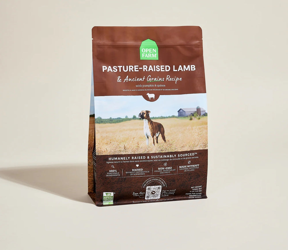 Open Farm Pasture-Raised Lamb & Ancient Grains Dry Dog Food front of bag.