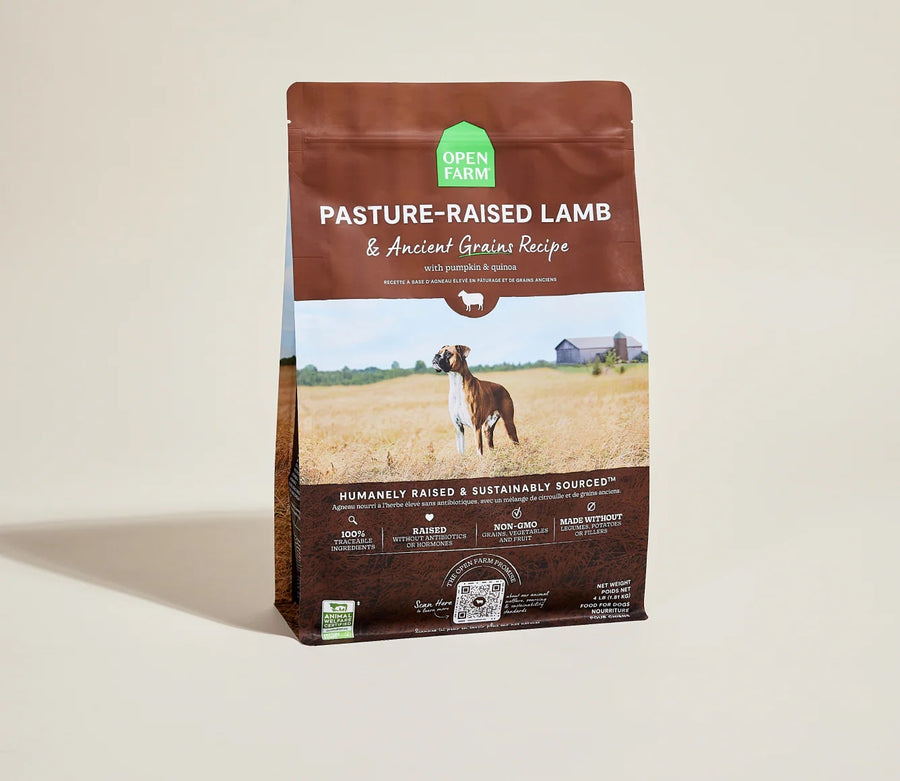 Open Farm Pasture-Raised Lamb & Ancient Grains Dry Dog Food front of bag.