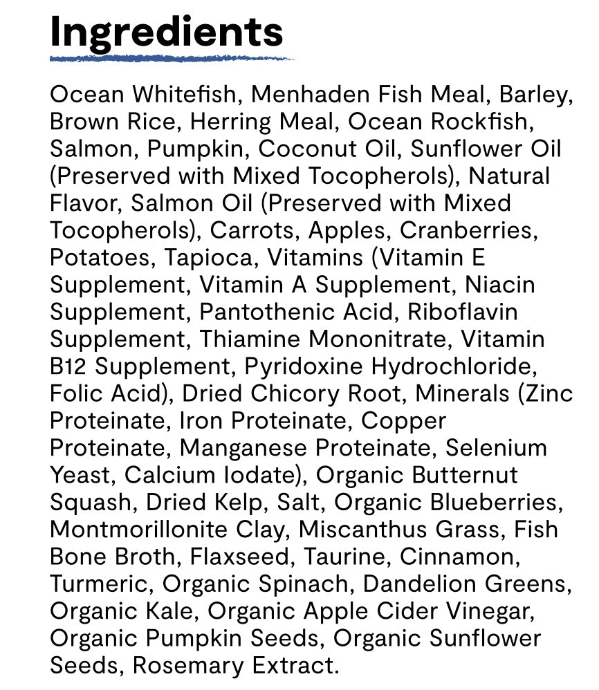 Ingredients list for Open Farm RawMix Ancient Grains Wild Ocean Dry Dog Food.