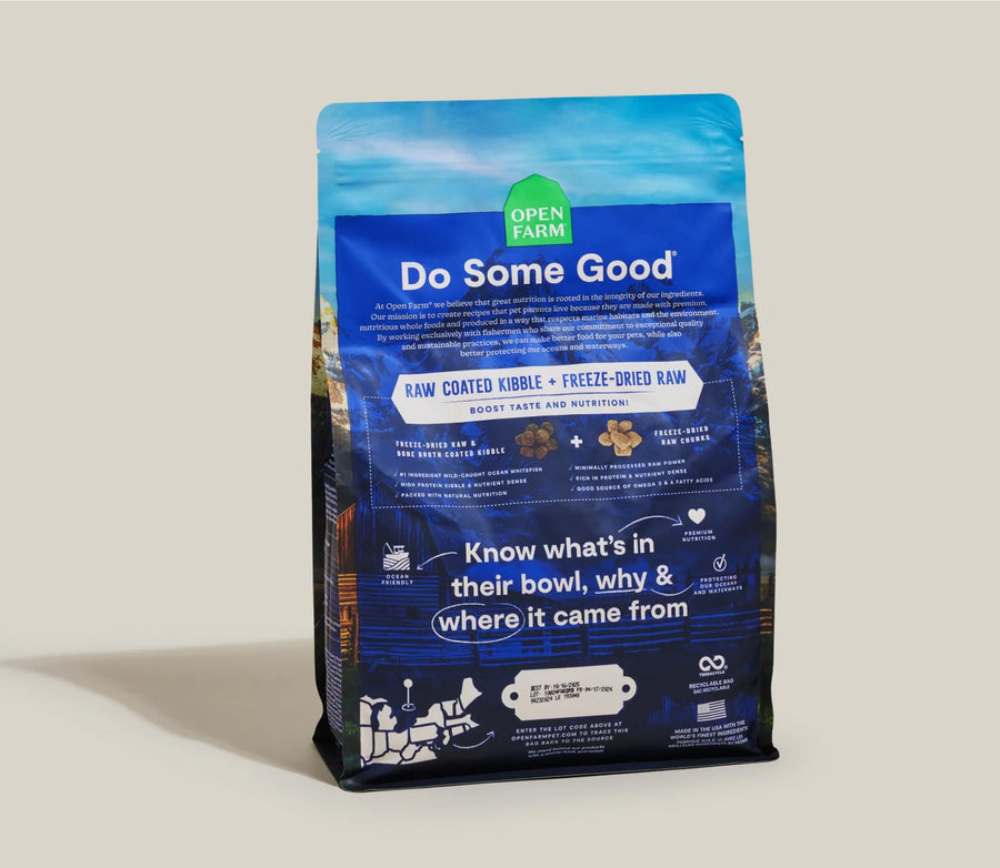 Open Farm RawMix Ancient Grains Wild Ocean Dry Dog Food back of bag.