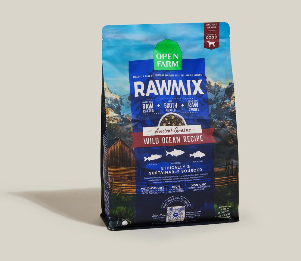 Open Farm RawMix Ancient Grains Wild Ocean Dry Dog Food front of bag.