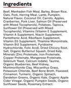 Ingredients list for Open Farm RawMix Front Range Ancient Grains Dry Dog Food.