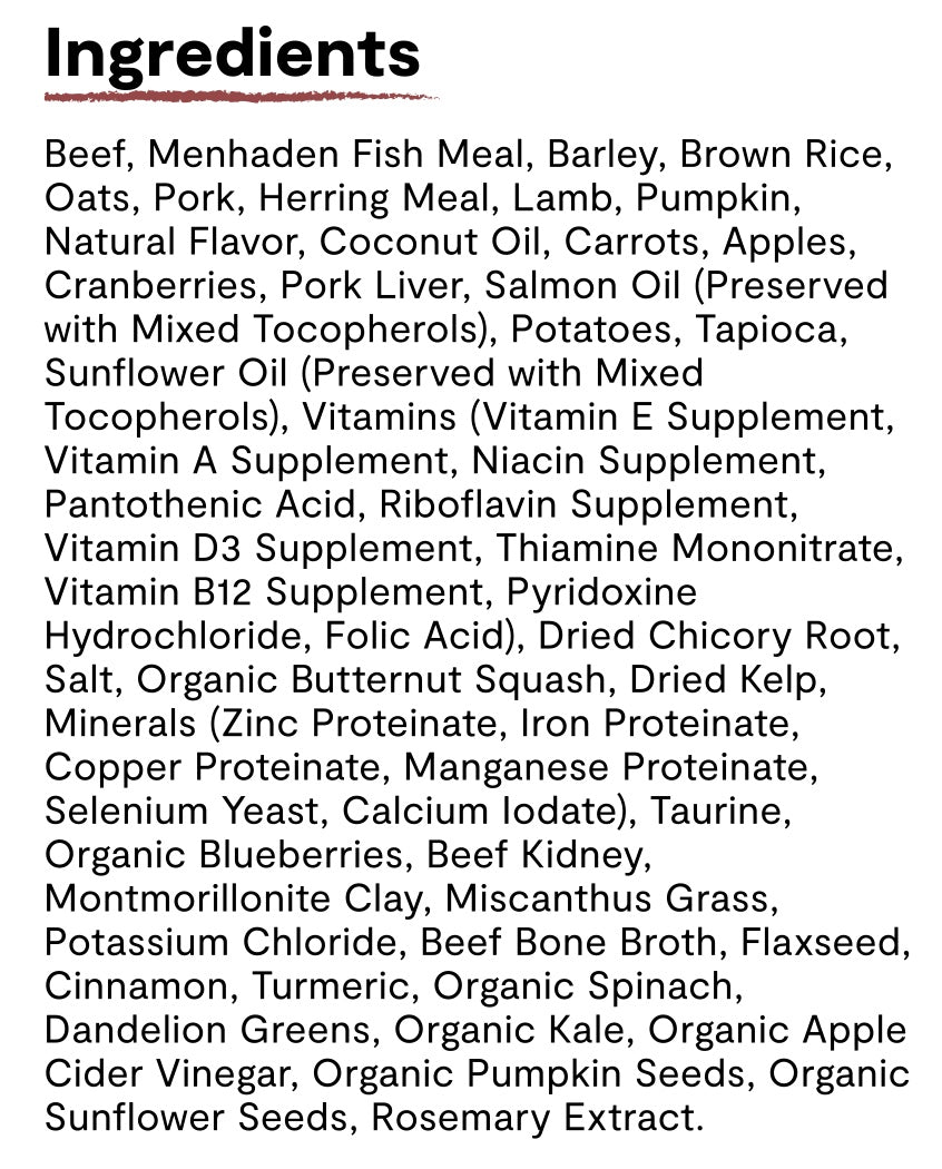 Ingredients list for Open Farm RawMix Front Range Ancient Grains Dry Dog Food.