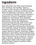 Ingredients list for Open Farm RawMix Front Range Grain Free Dry Dog Food.