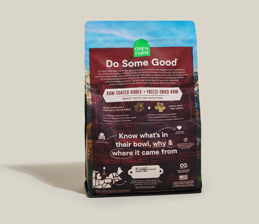 Open Farm RawMix Front Range Grain Free Dry Dog Food back of bag.