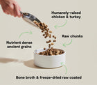 *Humanley-raised chicken & turkey
*Raw chunks
*Nutrient dense ancient grains
*Bone broth & freeze-dried raw coated