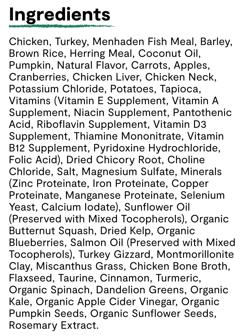 Ingredients list for Open Farm RawMix Open Prairie Ancient Grain Dry Dog Food.