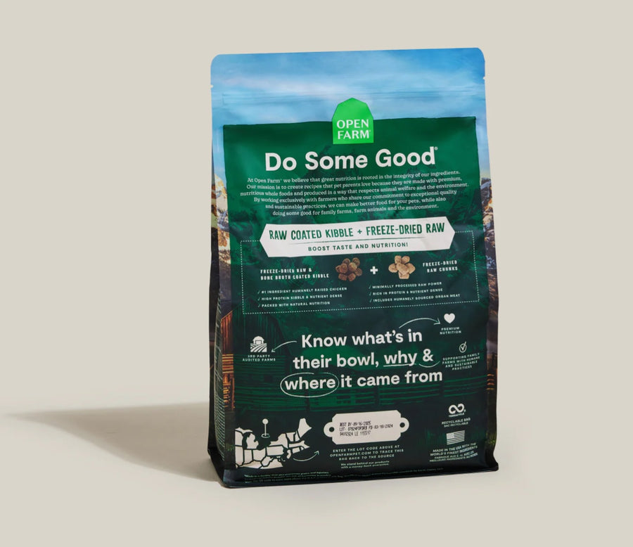 Open Farm RawMix Open Prairie Ancient Grain Dry Dog Food back of bag.