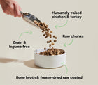 *Humanely-raised chicken & turkey
*Raw chunks
*Grain & legume free
*Bon broth & freeze-dried raw coated