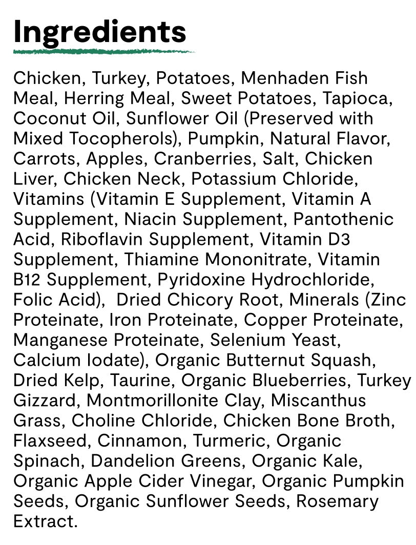 Ingredients list for Open Farm RawMix Open Prairie Grain Free Dry Dog Food.