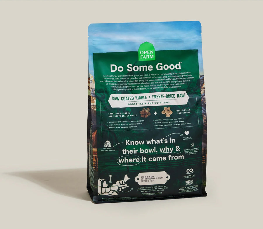 Open Farm RawMix Open Prairie Grain Free Dry Dog Food back of bag.