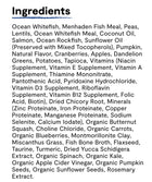 Ingredients list for Open Farm RawMix Wild Ocean Grain Free Dry Cat Food.