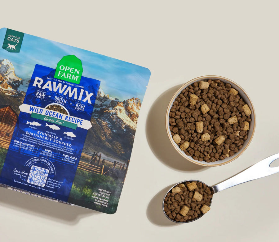 Open Farm RawMix Wild Ocean Grain Free Dry Cat Food Serving.