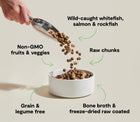 *Wild-caught whitefish, salmon & rockfish
*Raw chunks
*Non-GMO fruits & veggies
*Grain & legume free
*Bone broth & freeze-dried raw coated