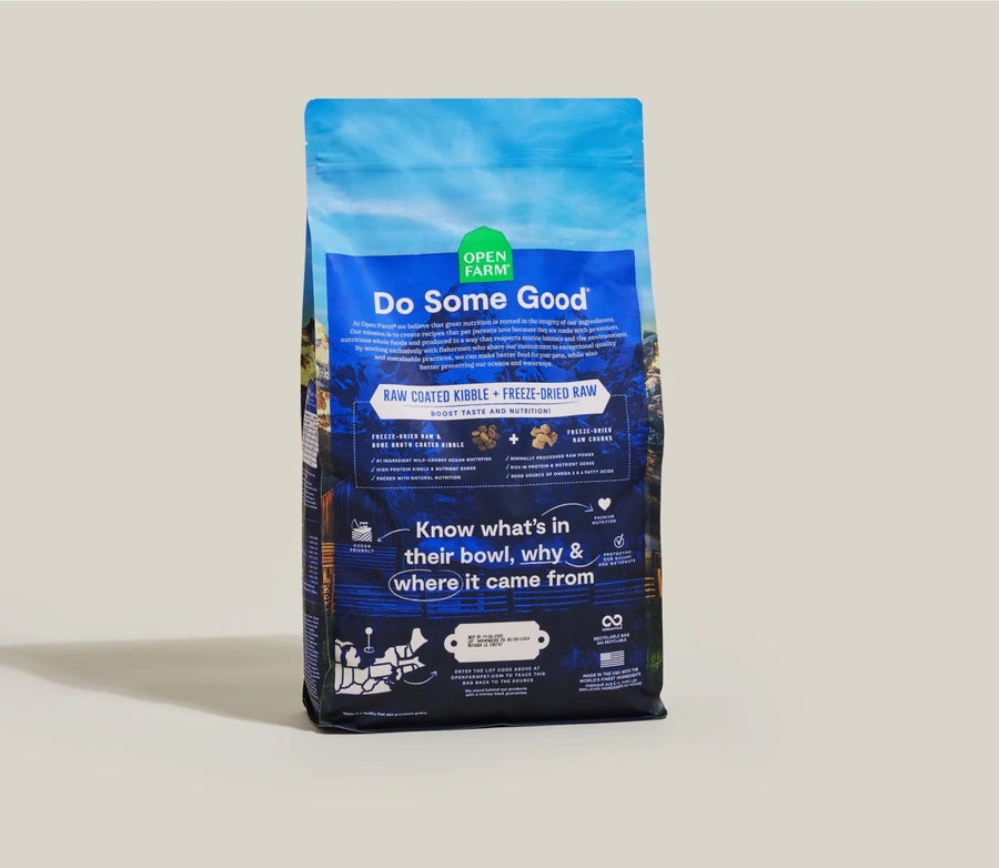 Open Farm RawMix Wild Ocean Grain Free Dry Cat Food back of bag.