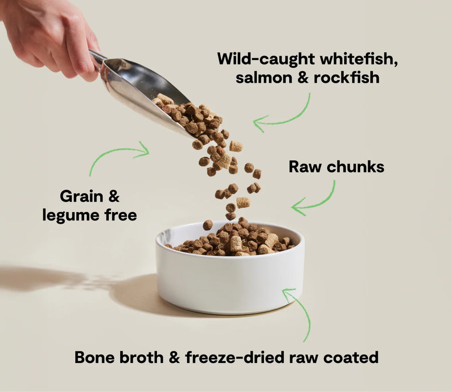 *Wild-caught whitefish, salmon & rockfish
*Raw chunks
*Grain & legume free
*Bone broth & freeze-dried raw coated
